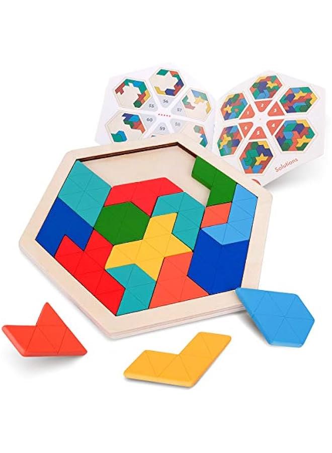 Wooden Hexagon Tangram Puzzle for Kids Adults, Geometric Shape Pattern Blocks, 3D Logic IQ Game, 60 Brain Teaser Challenges, STEM Montessori Educational Toy, Travel Games for Road Trip - Image 1